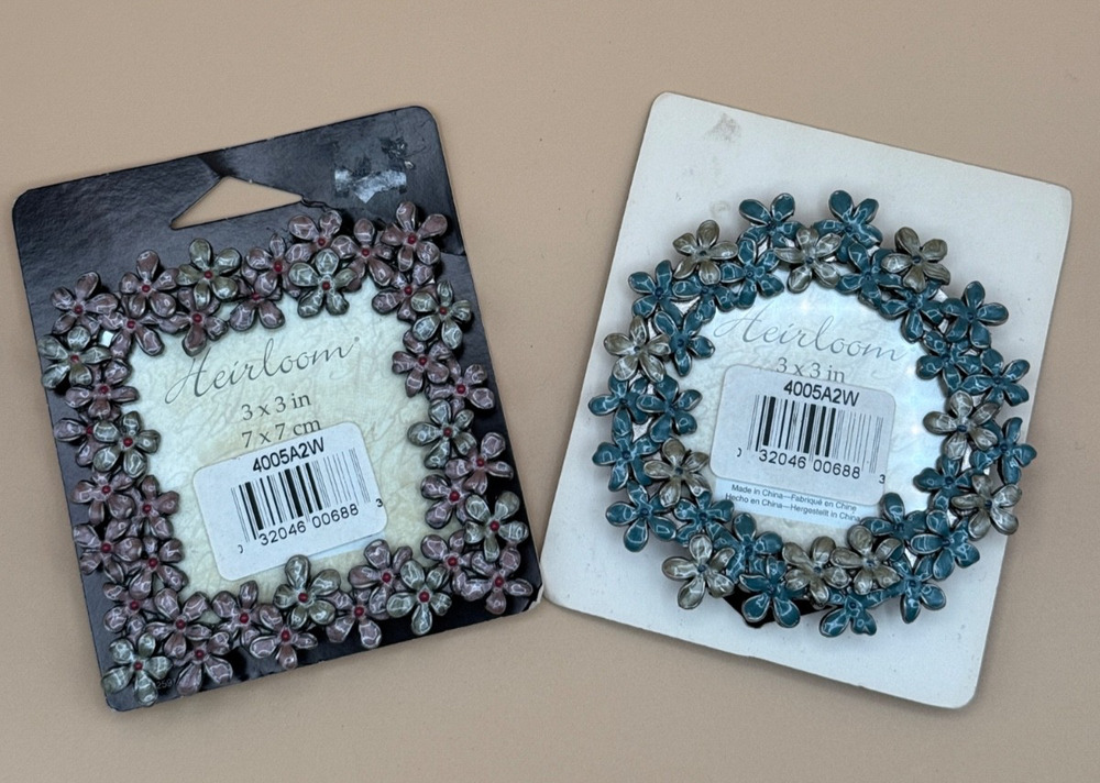 🌸🖼️ Lot of 2 Heirloom 3x3 Floral Mini Picture Frames Blue & Pink – New